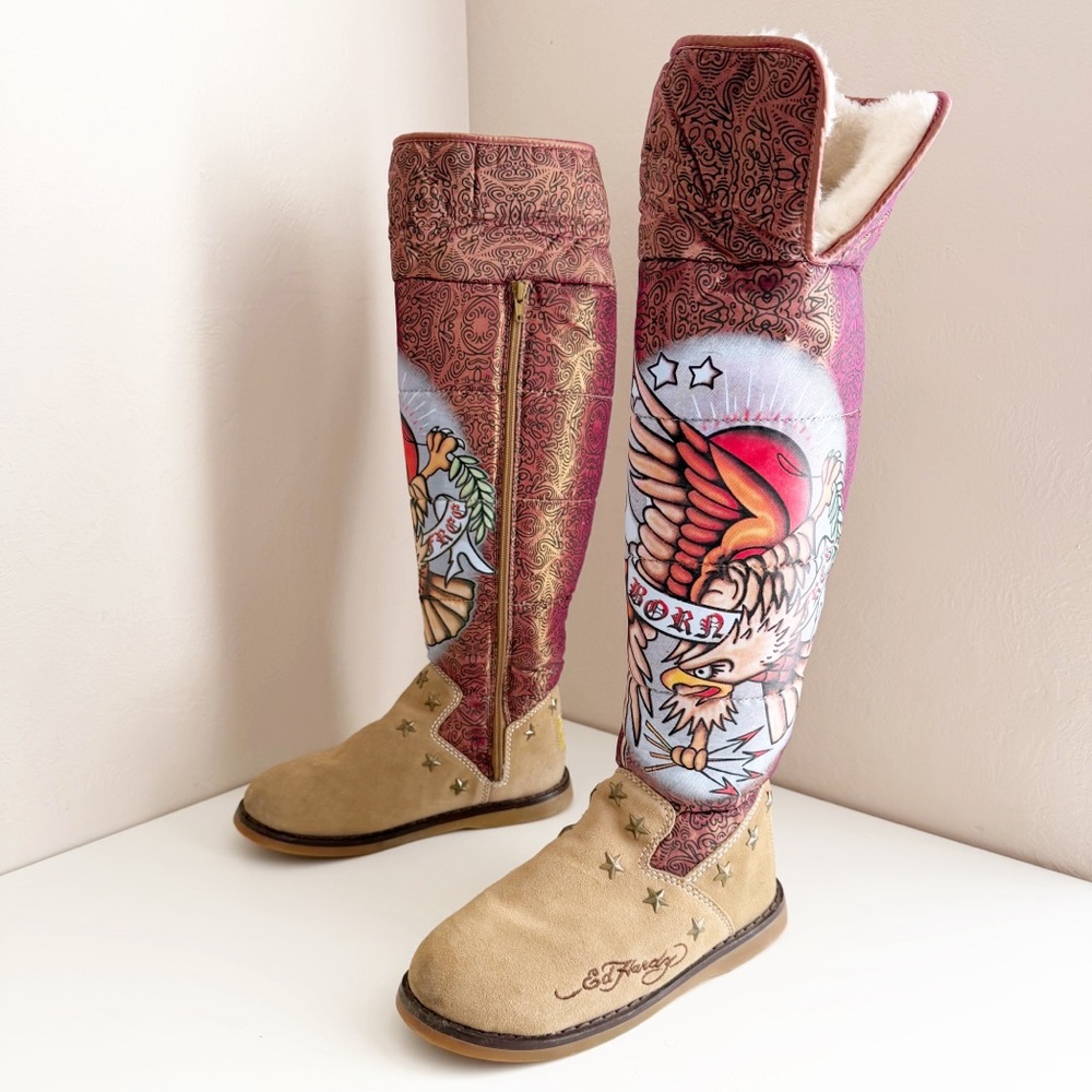 Ed Hardy Y2K Born Free Knee-High Faux Fur Boots size 6